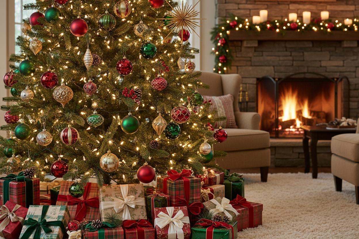 decorated christmas tree and gifts