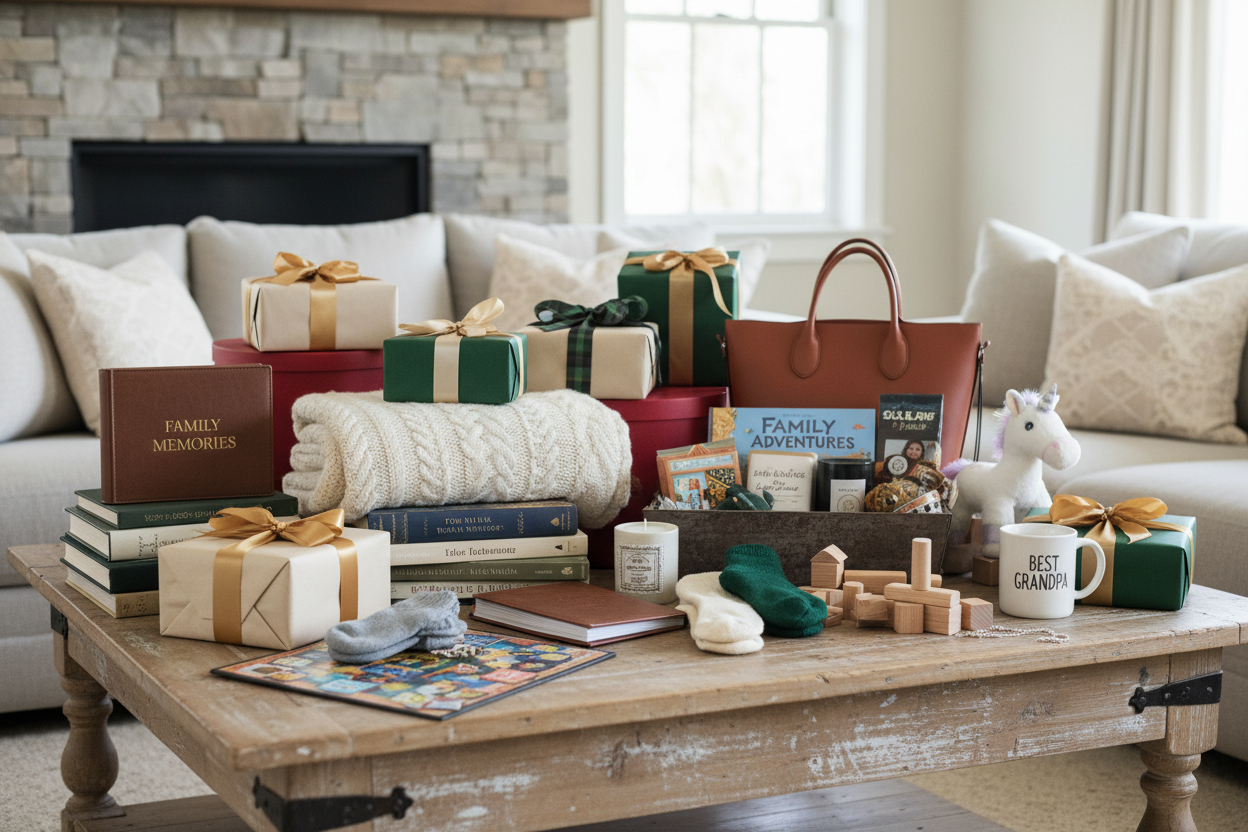 collection of gifts for the whole family, gifts for her, gifts for him, gifts for children