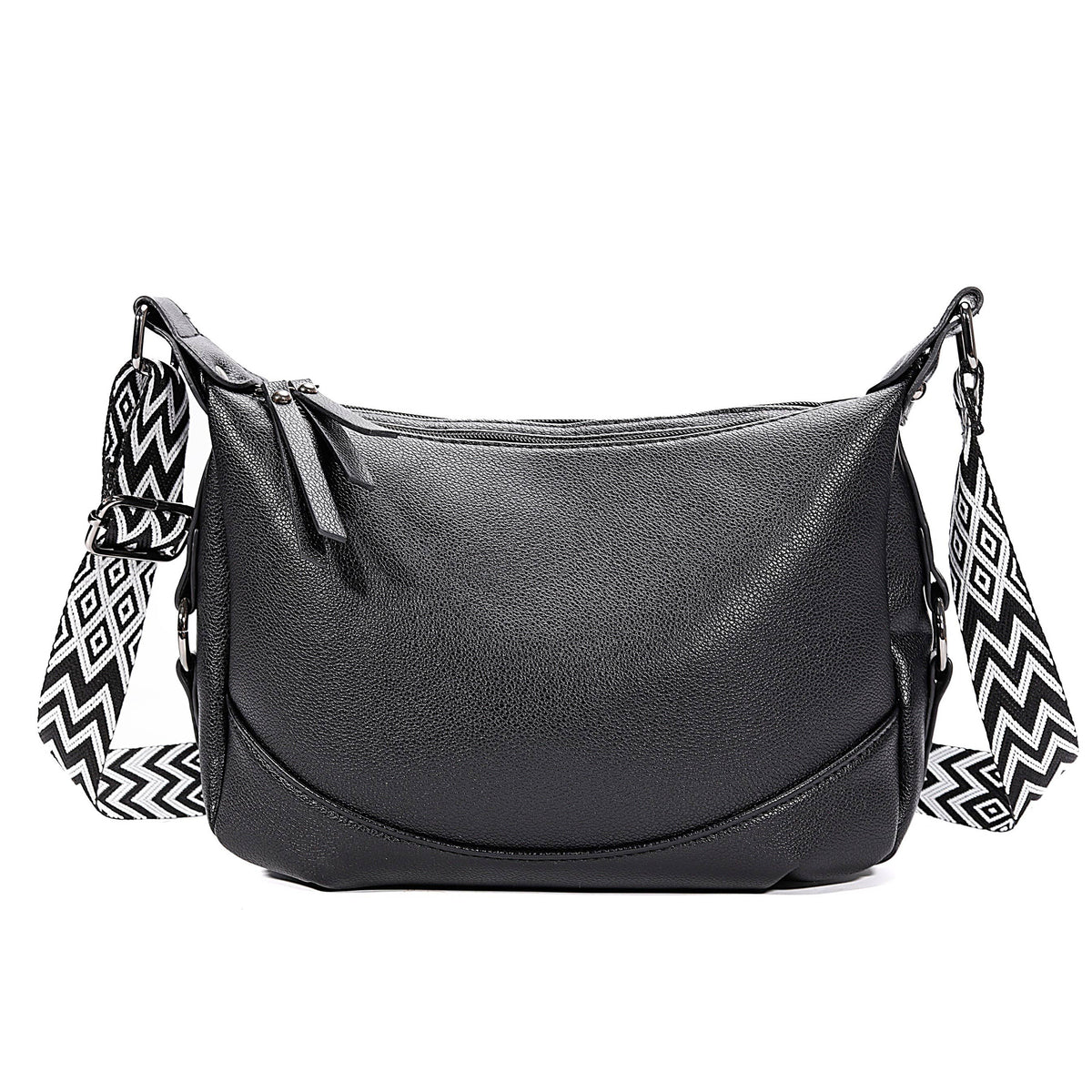 Black Textured Shoulder Bag with Patterned Strap