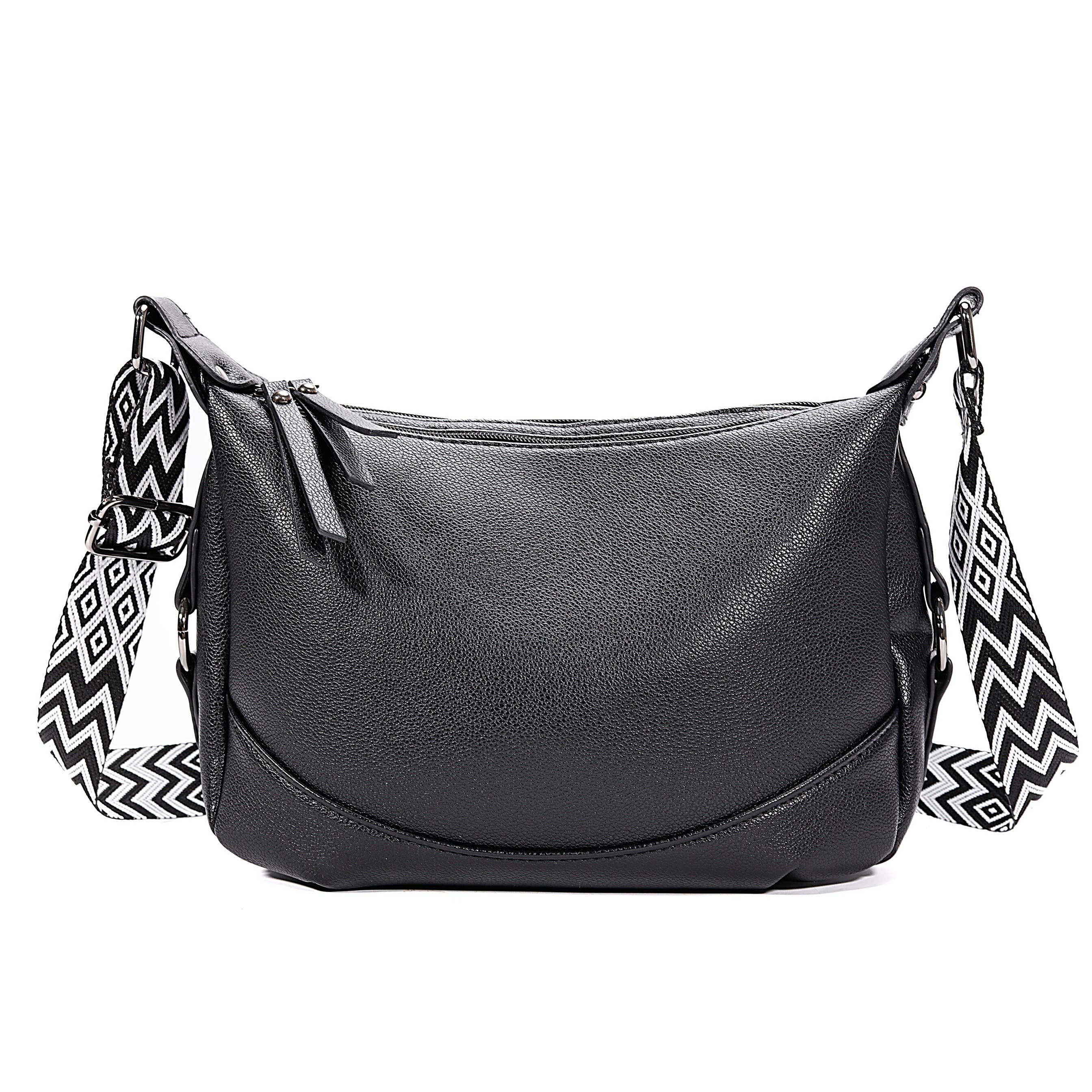 Black Textured Shoulder Bag with Patterned Strap
