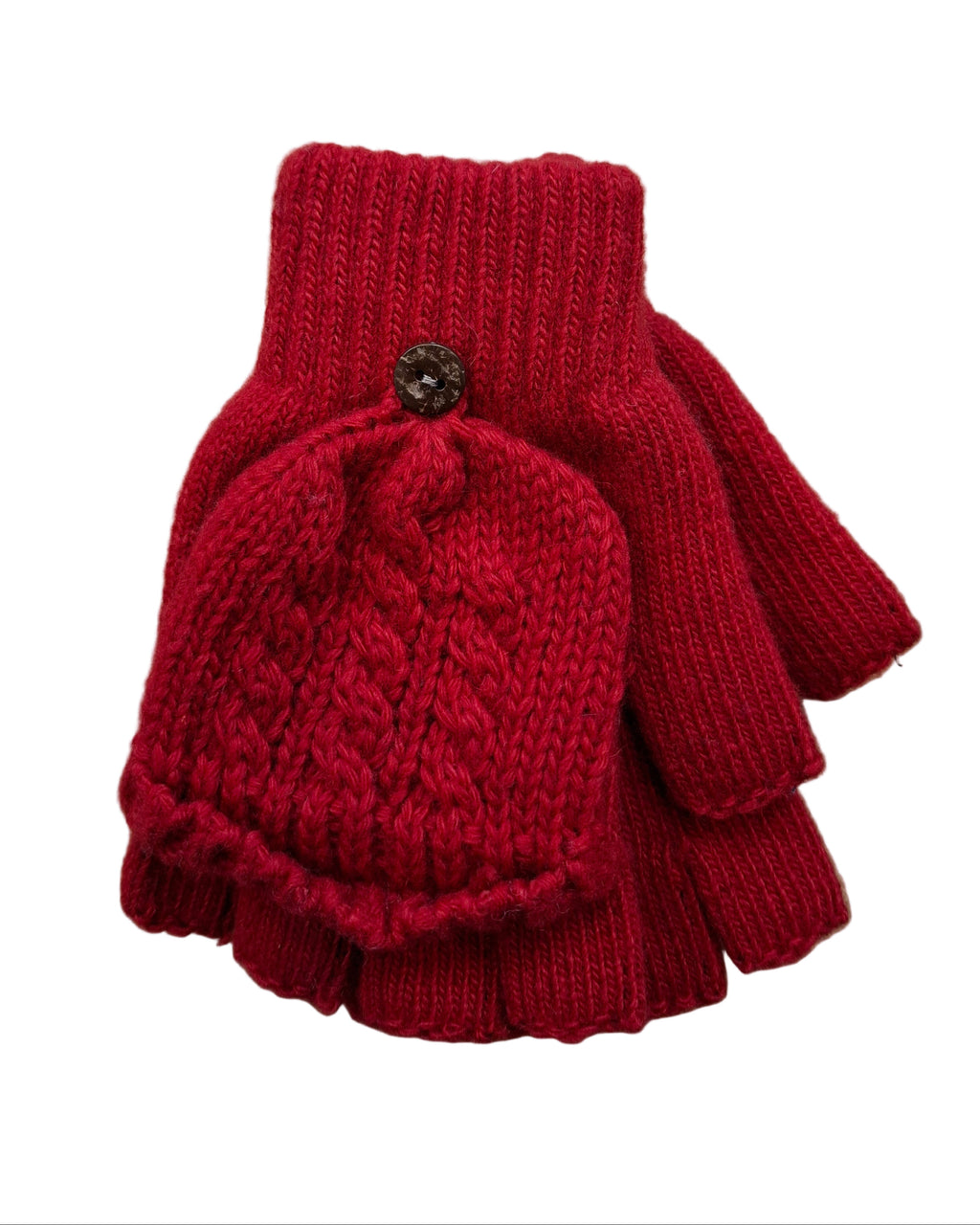 Red knitted gloves with a button on a wooden surface