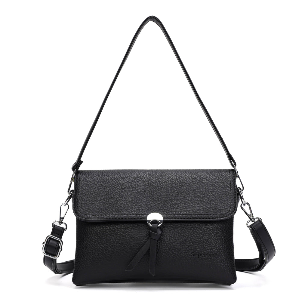 Black Flap Crossbody Shoulder Bag with Silver Hardware