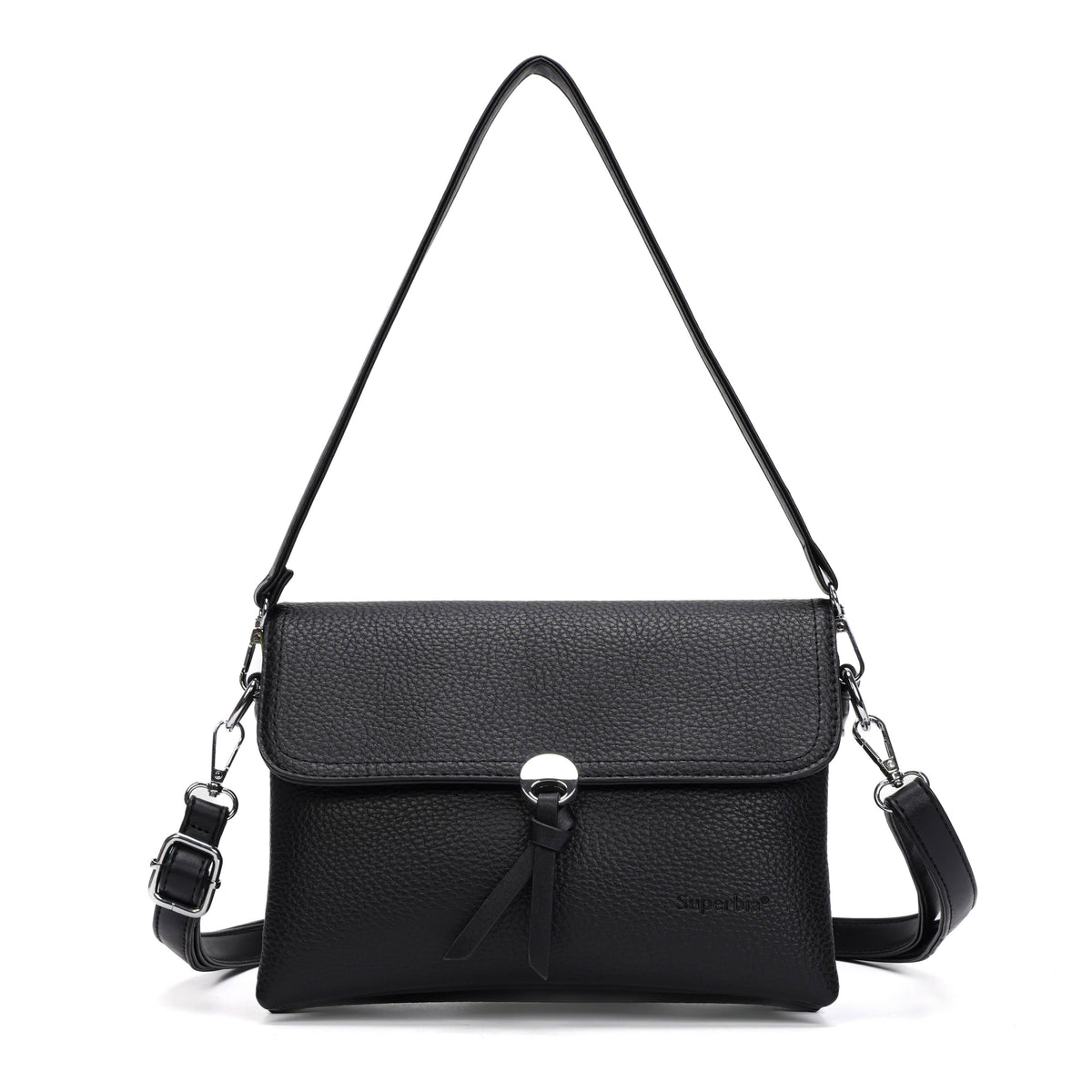Black Flap Crossbody Shoulder Bag with Silver Hardware