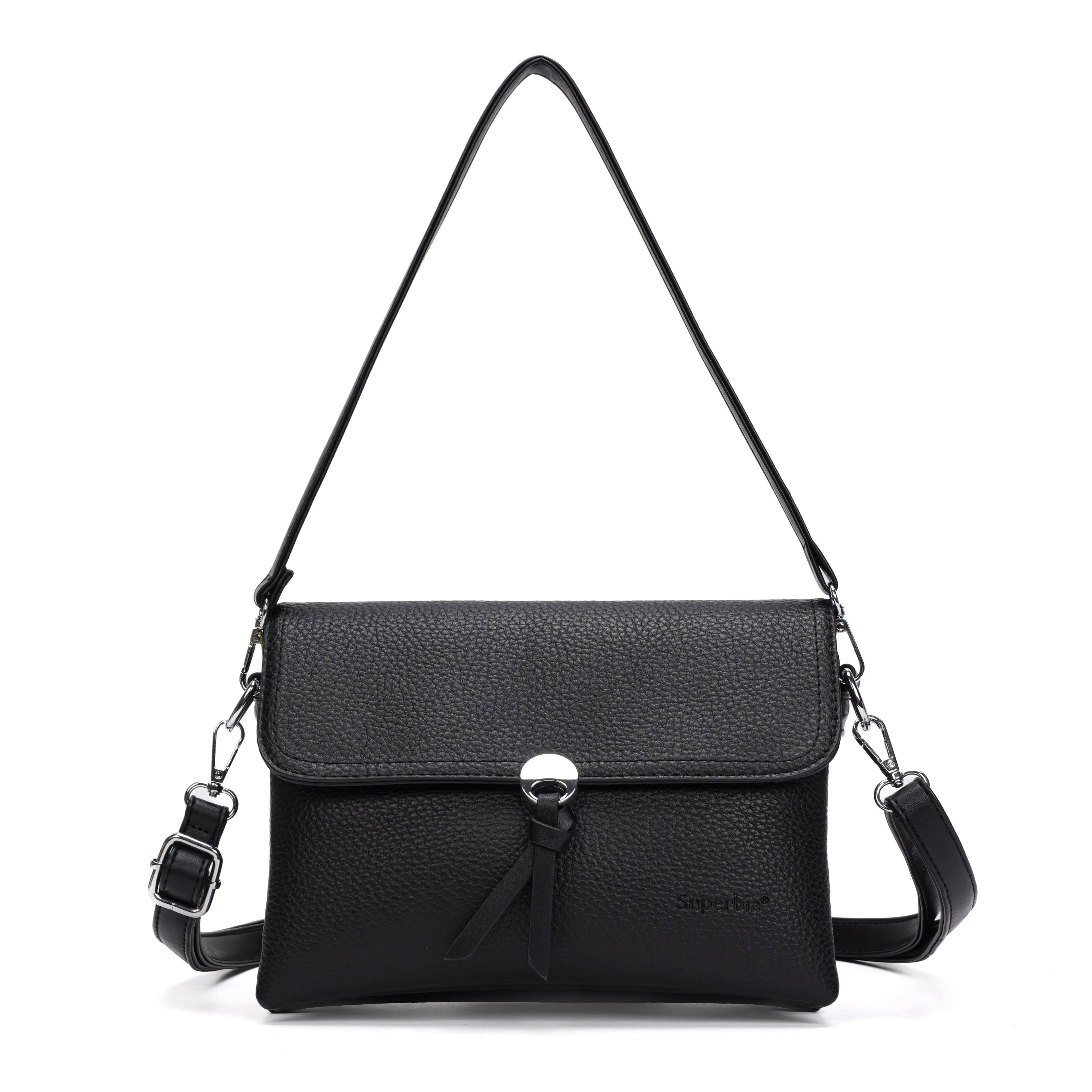 Black Flap Crossbody Shoulder Bag with Silver Hardware