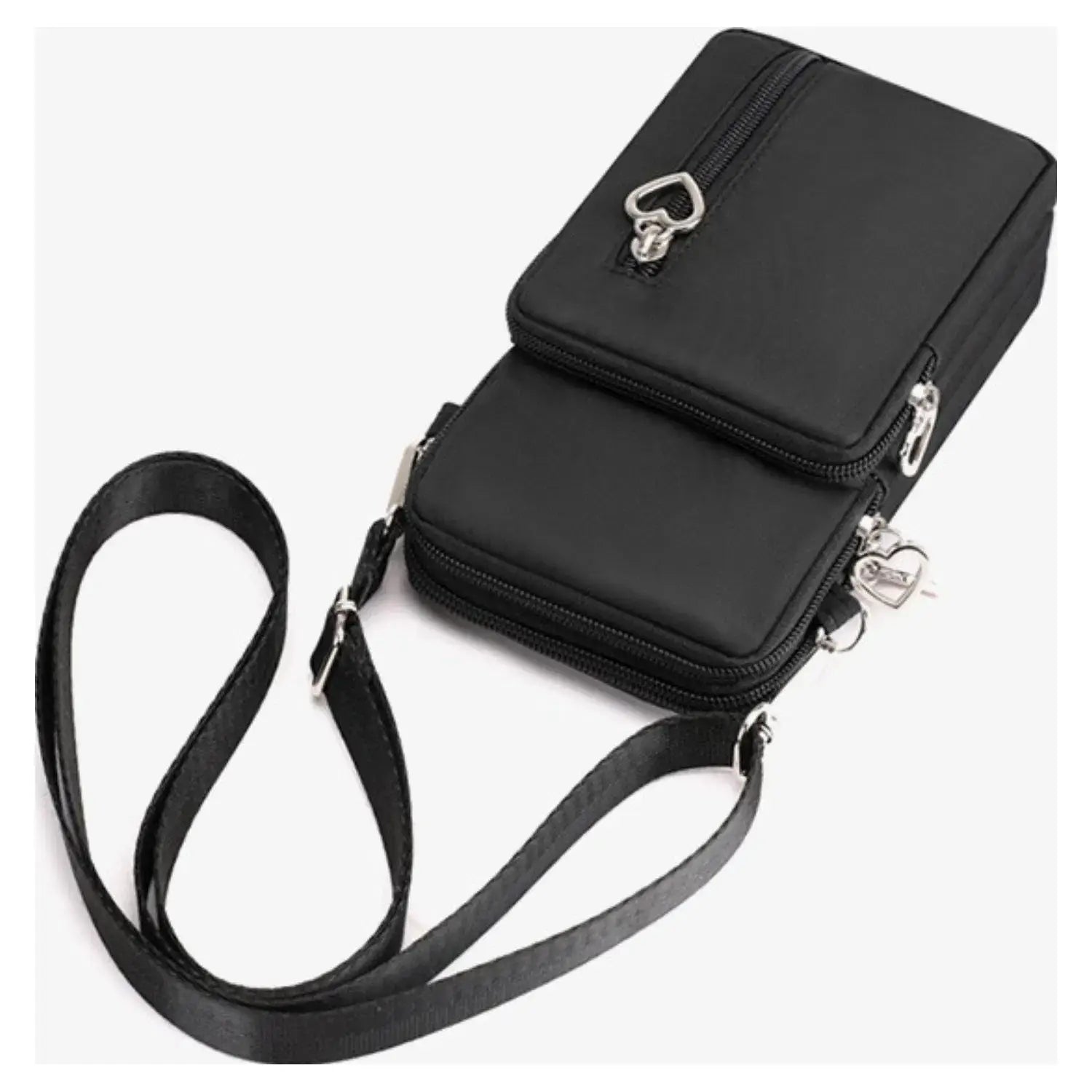 Triple Love Heart Zipper Mobile Phone Bag - Black