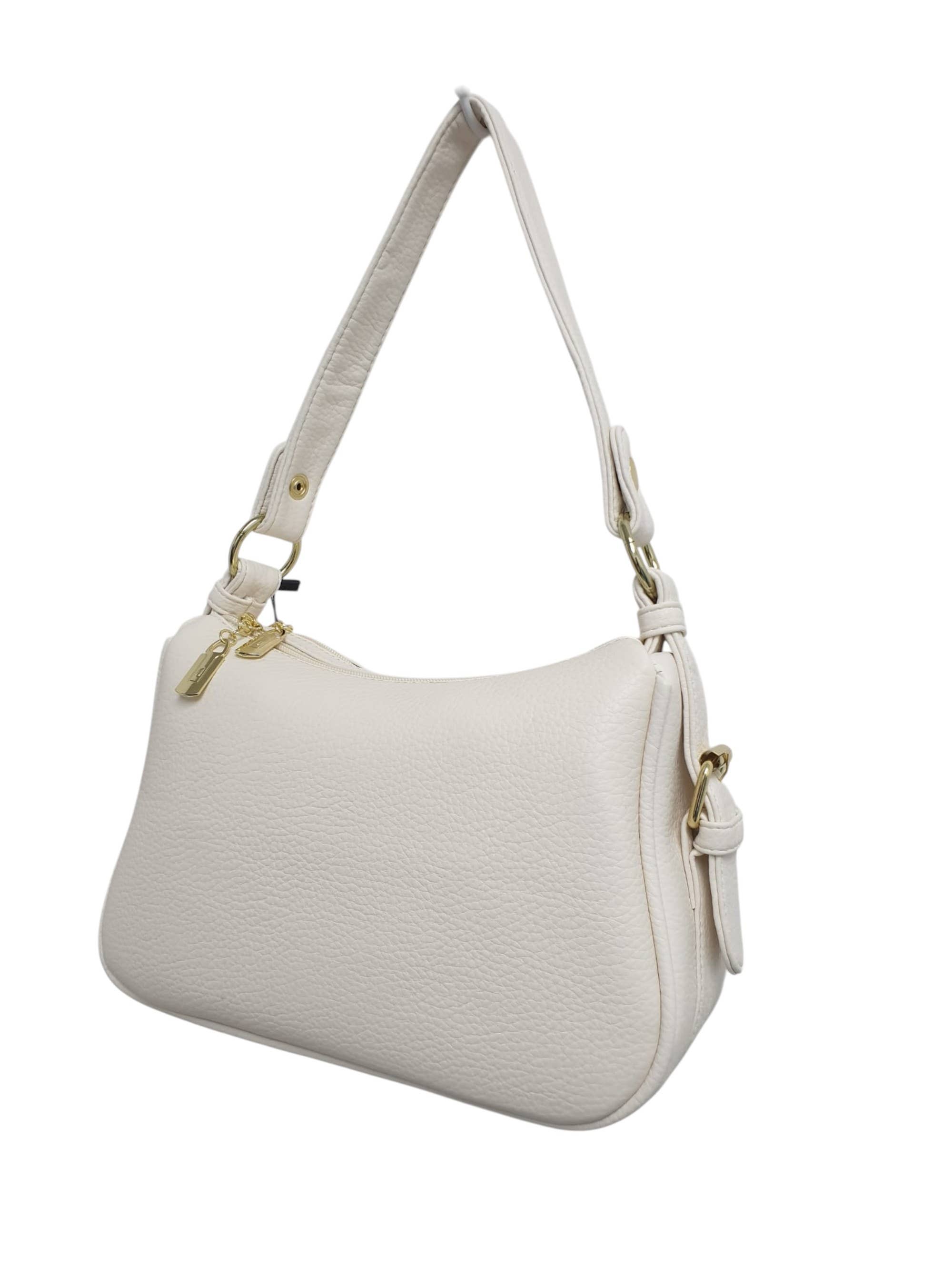 White Soft PU Hobo Shoulder Bag with Gold Hardware