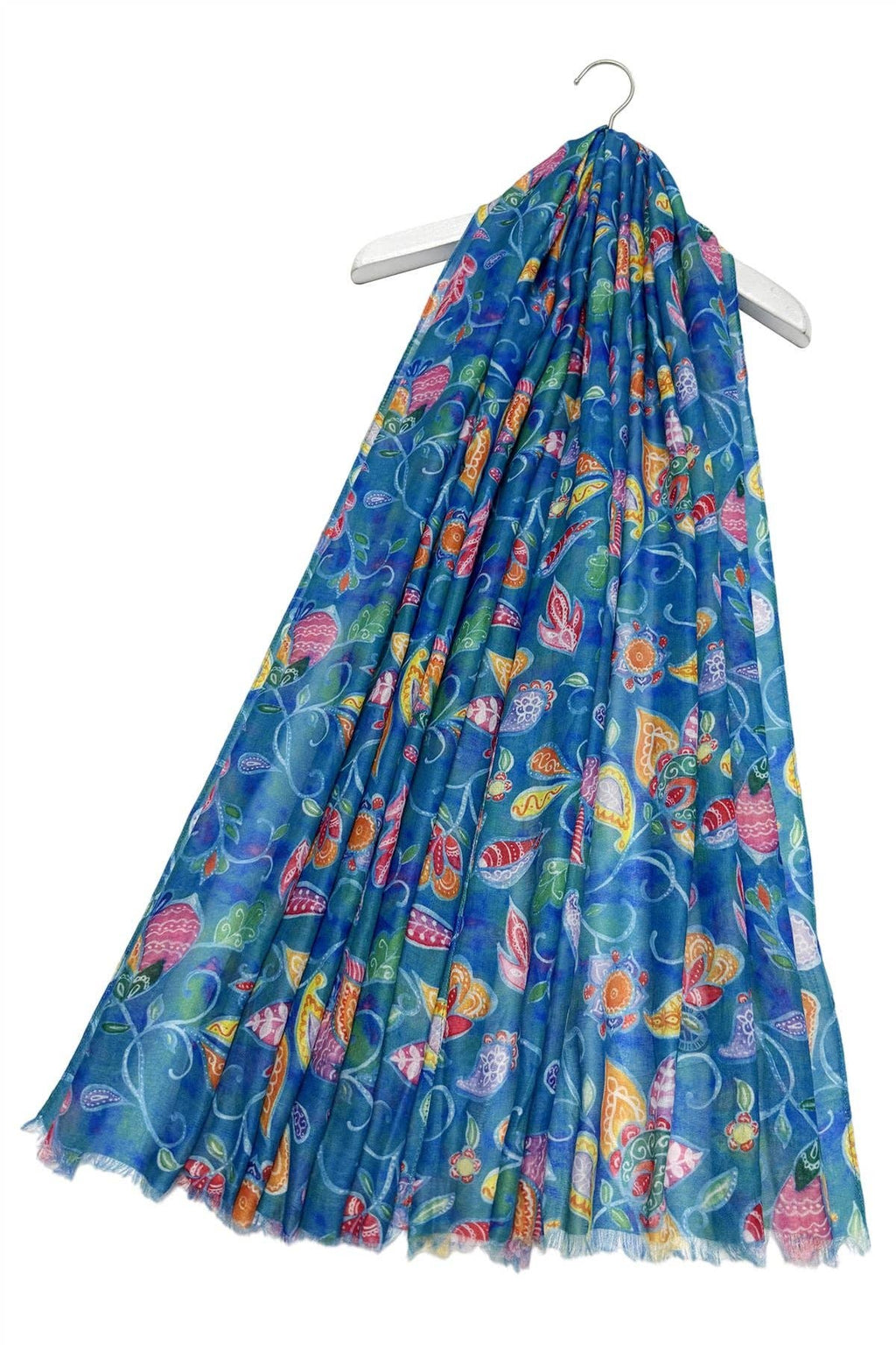 Watercolour Paisley Floral Print Frayed Scarf: Blue