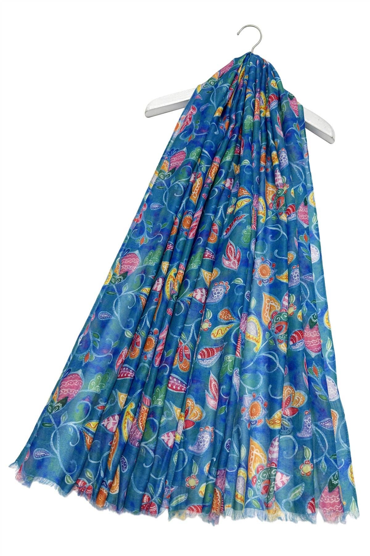 Watercolour Paisley Floral Print Frayed Scarf: Blue