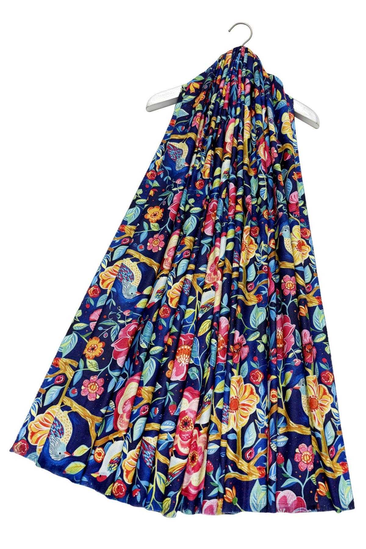 Enchanting Bird & Floral Print Wool Frayed Scarf: Blue