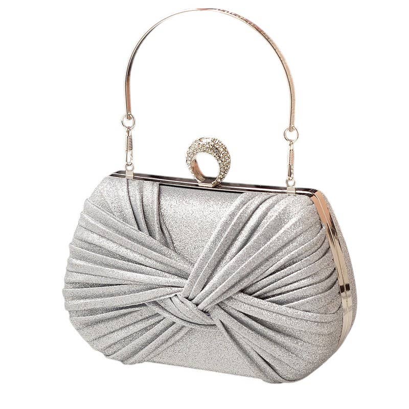 Knot Design Evening Bag with Diamante Clasp Opening Clutch - Silver