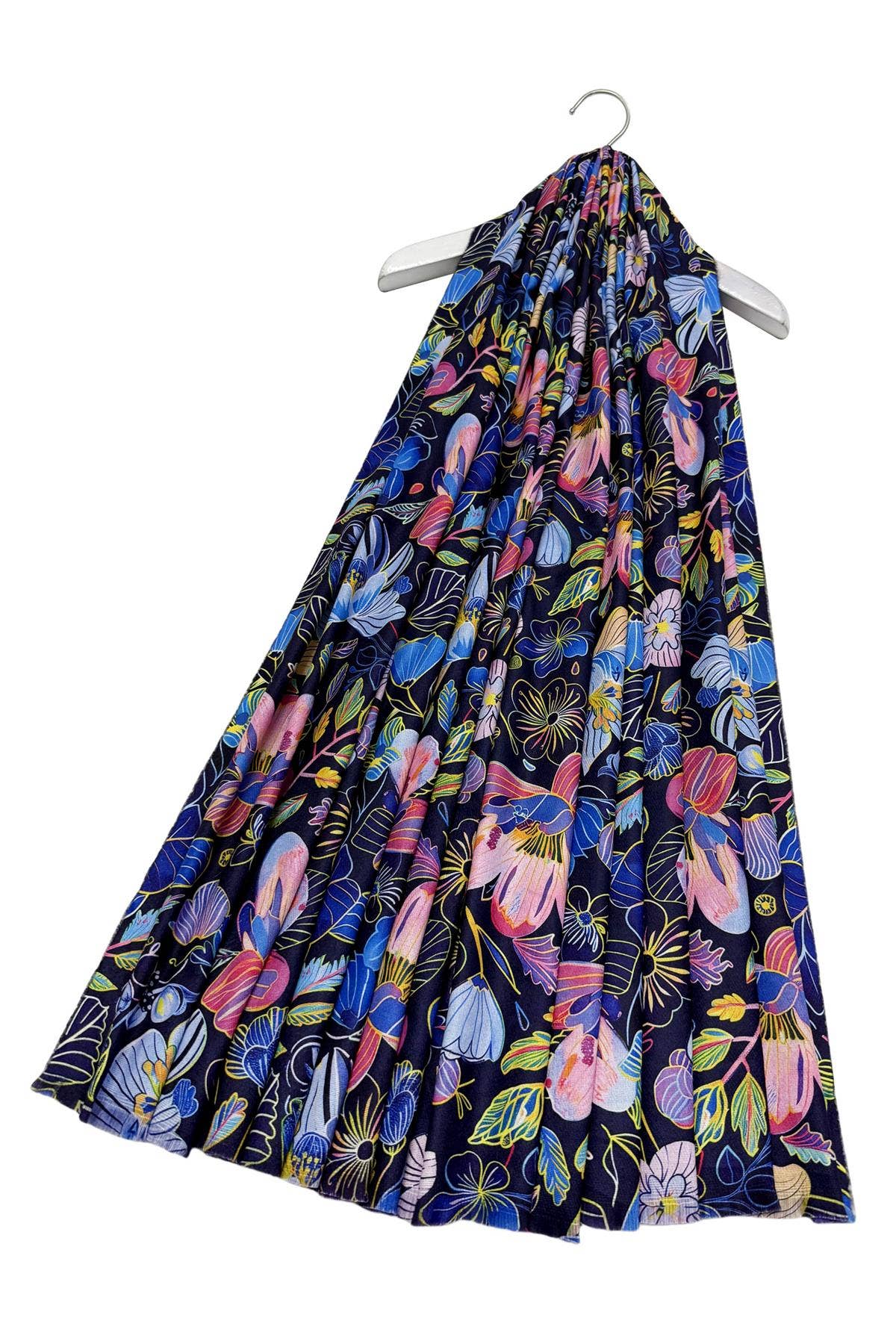 Colourful Orchid Print Wool Frayed Scarf: Purple