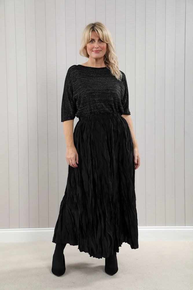 Black Satin Look Crinkle Skirt