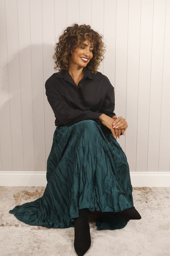 Green Satin Crinkled Maxi Skirt