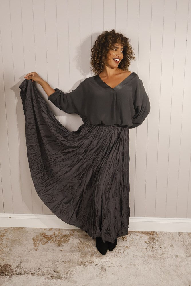 Charcoal Grey Satin Look Crinkle Skirt