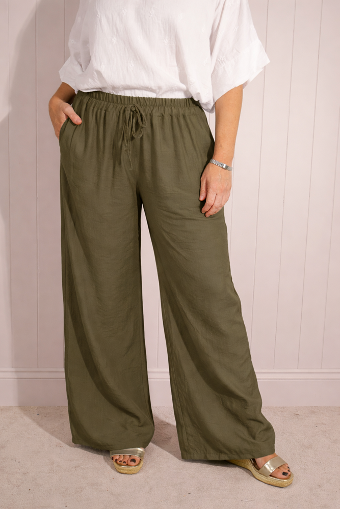 Khaki Green Wide Leg Elasticated Waist Trousers