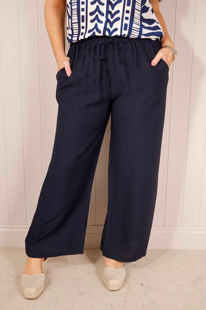 Navy Blue Wide Leg Elasticated Waist Trousers With Pockets