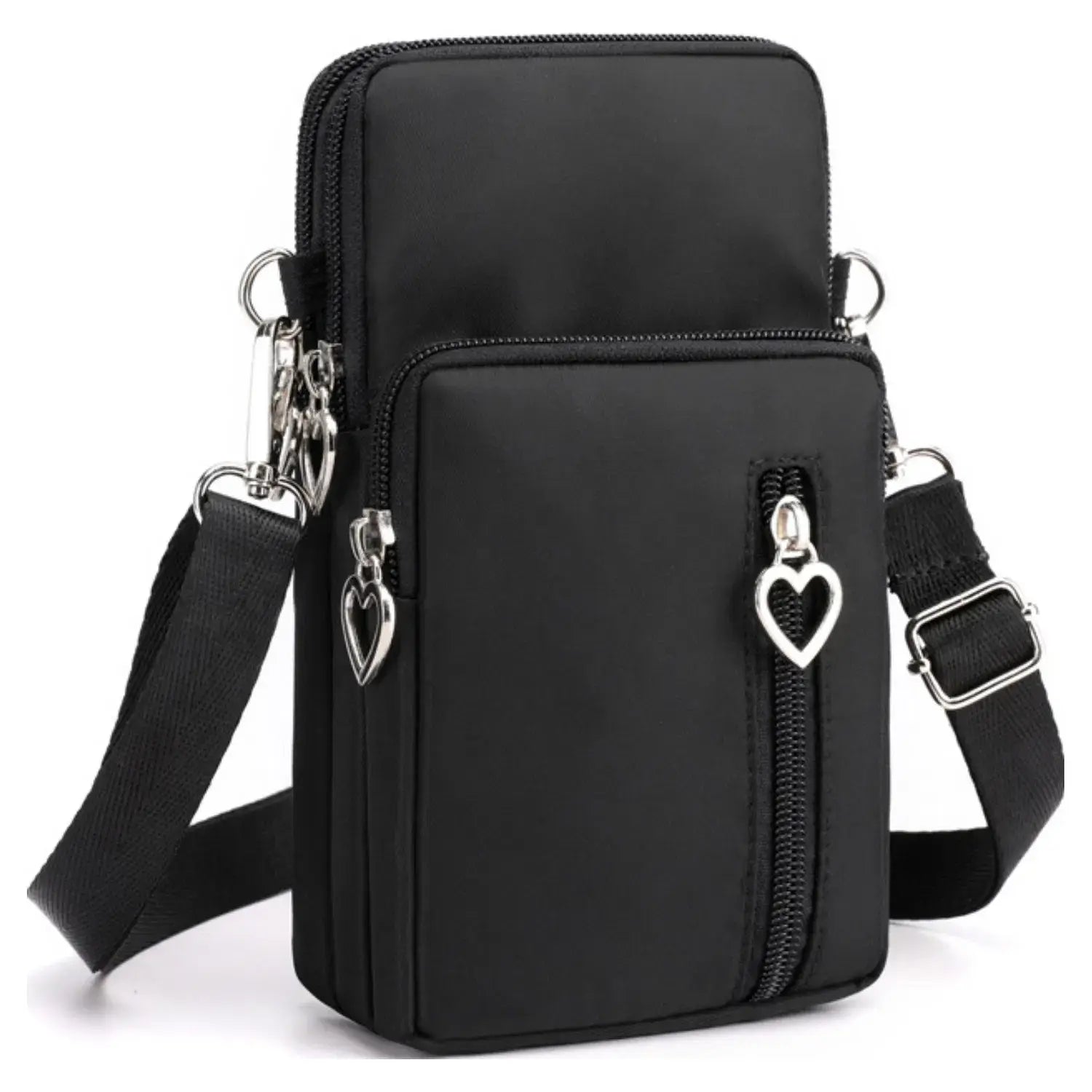 Triple Love Heart Zipper Mobile Phone Bag - Black