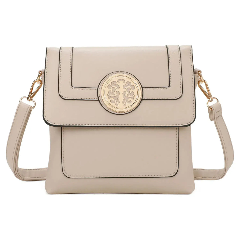 Small Faux Leather Crossbody Bag with Gold Plate Detail – Beige