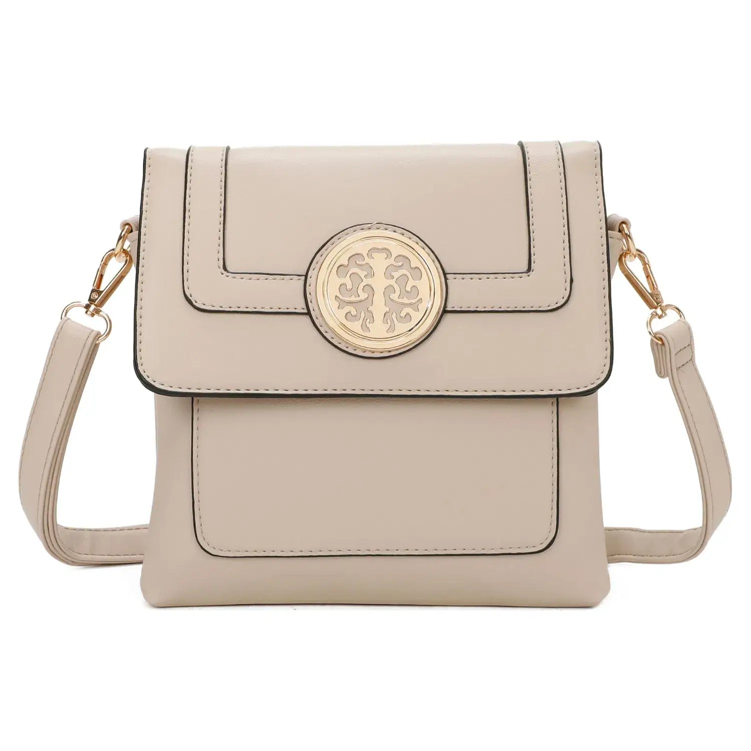 Small Faux Leather Crossbody Bag with Gold Plate Detail – Beige