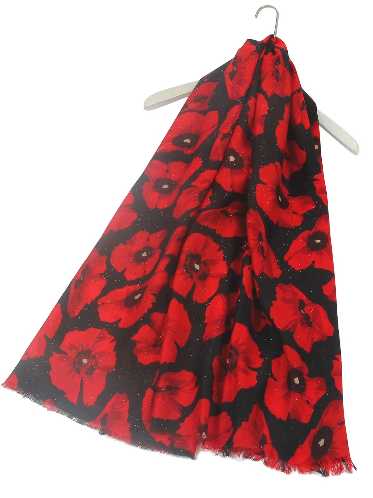 Ladies Red Poppy Print Glitter Scarf – Soft 100% Viscose Floral Wrap with Frayed Edge
