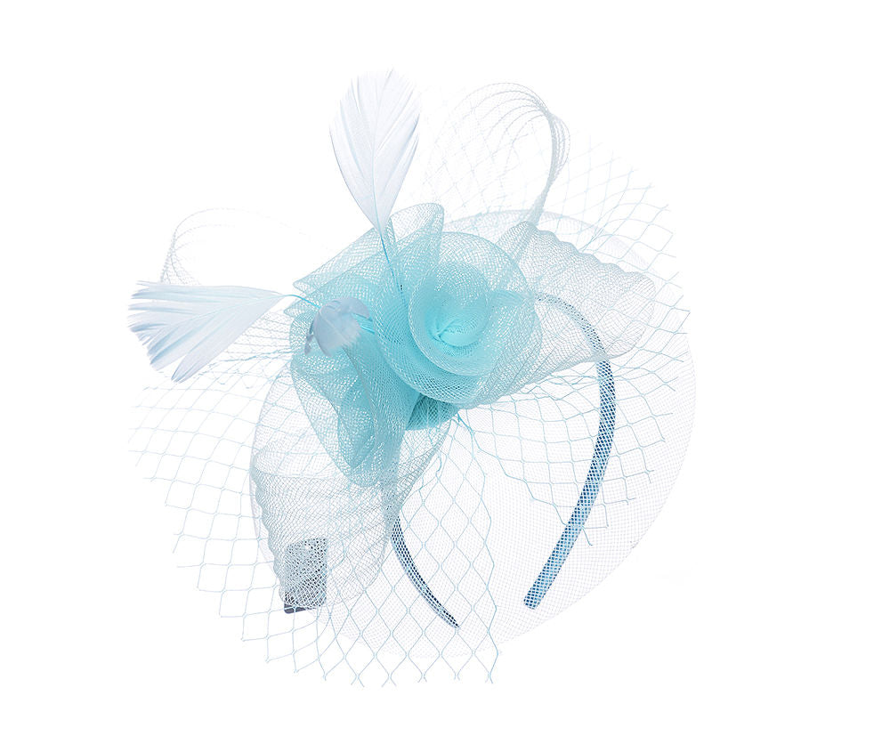 Light Blue Feather & Net Fascinator Headband with Flowers