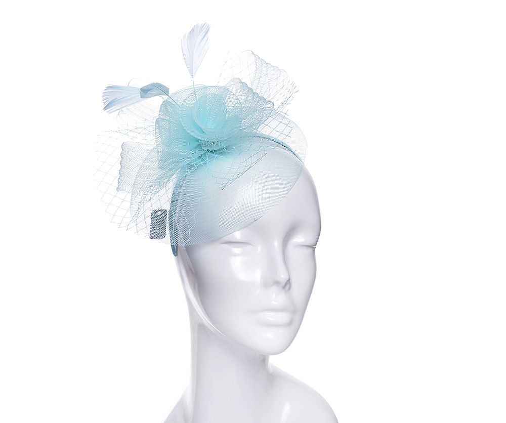 Light Blue Feather & Net Fascinator Headband with Flowers