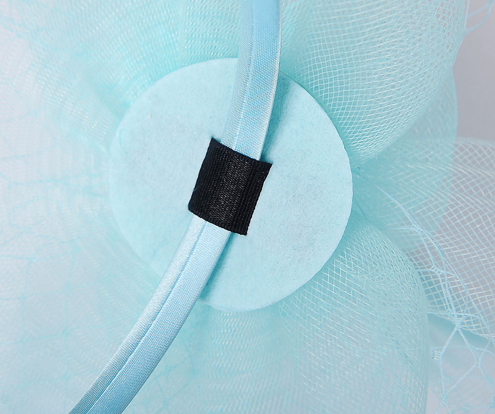 Light Blue Feather & Net Fascinator Headband with Flowers