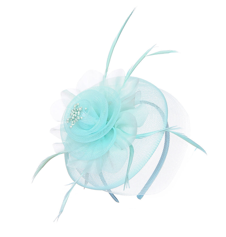 Mint Green Mesh Fascinator Headband with Rose & Feather Accents