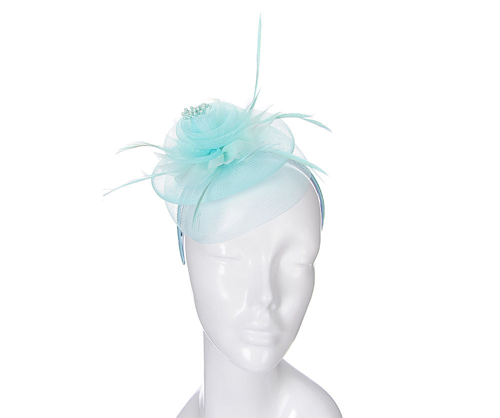 Mint Green Mesh Fascinator Headband with Rose & Feather Accents