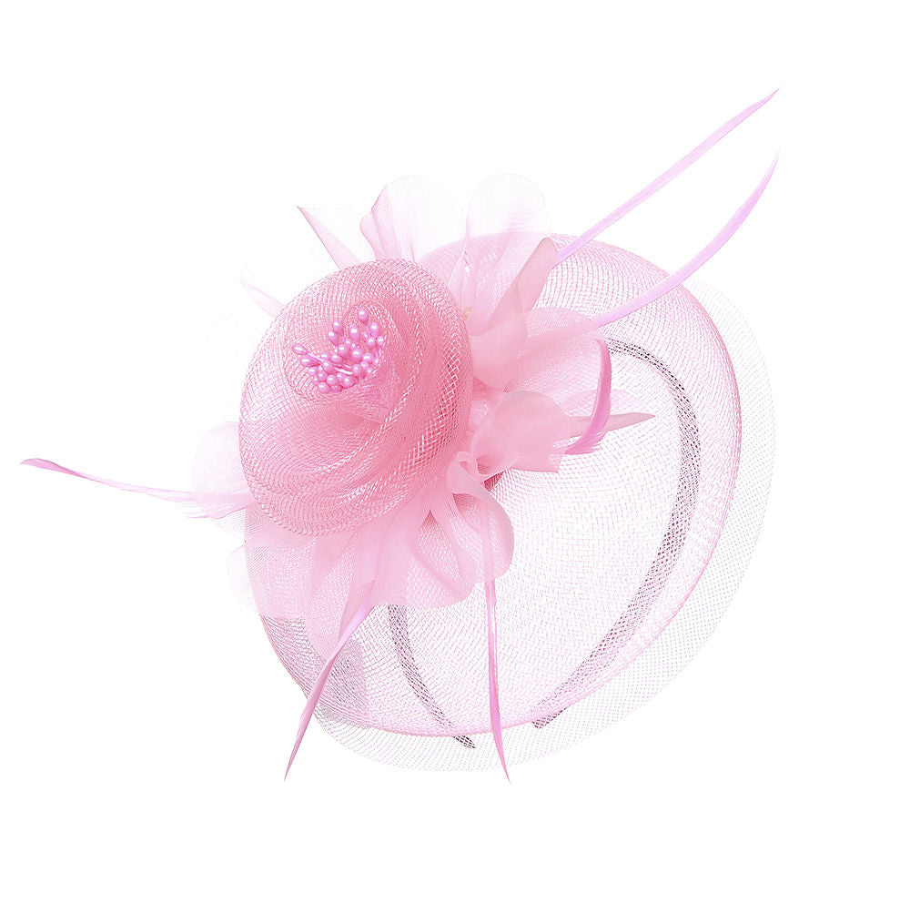 Blush Pink Mesh Fascinator Headband with Rose & Feather Accents