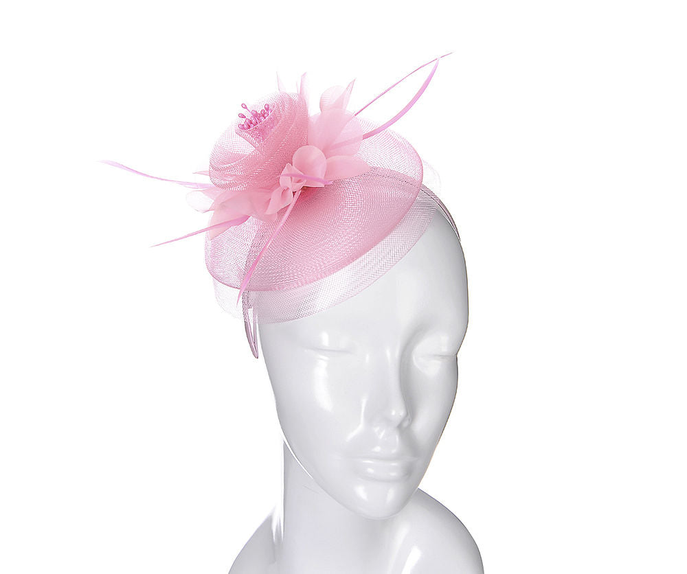 Blush Pink Mesh Fascinator Headband with Rose & Feather Accents