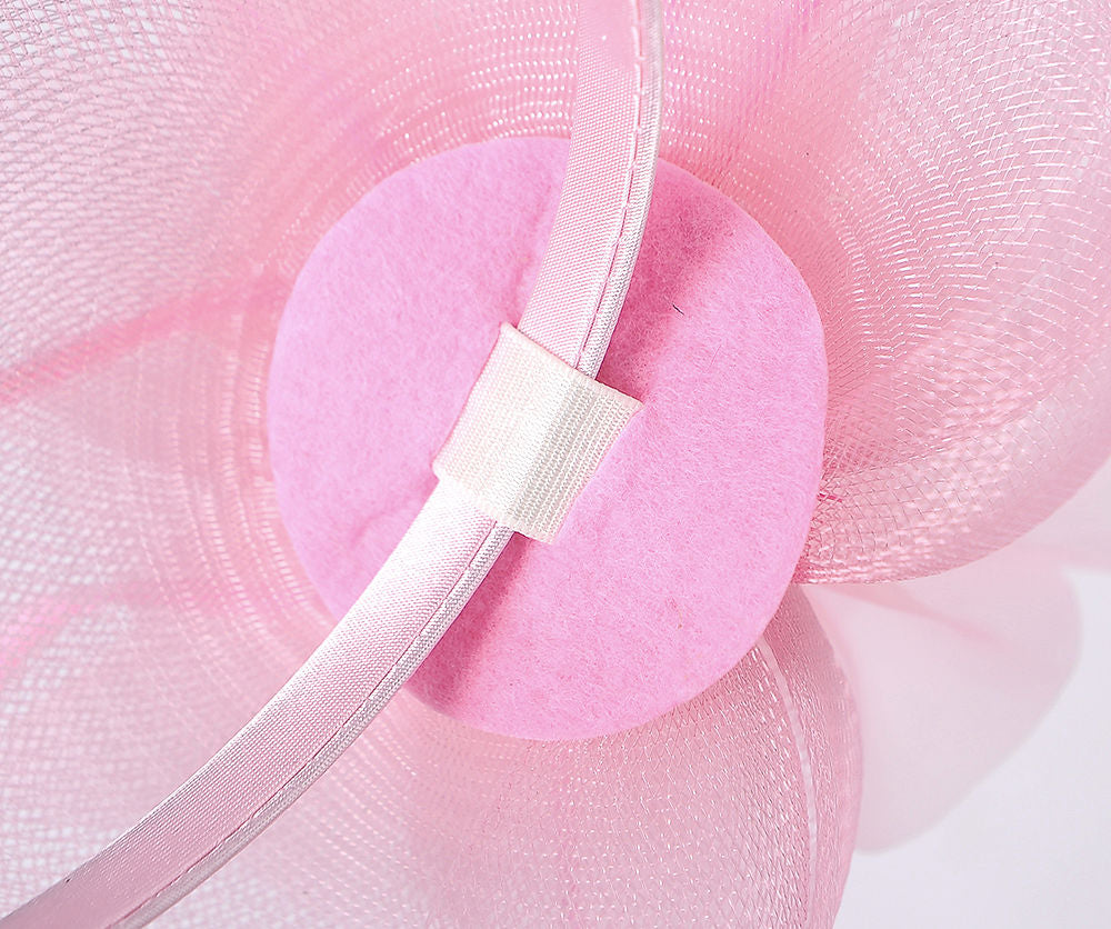 Blush Pink Mesh Fascinator Headband with Rose & Feather Accents