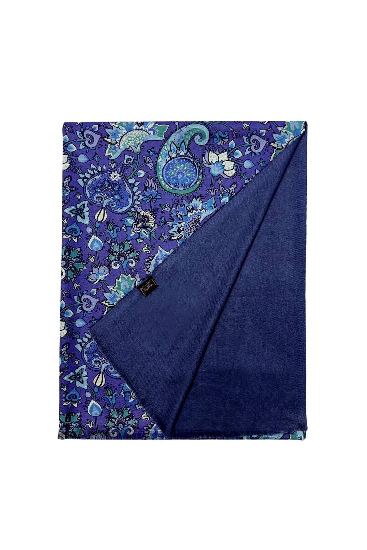 Lotus Paisley & Hearts Print Wool Frayed Scarf: Purple