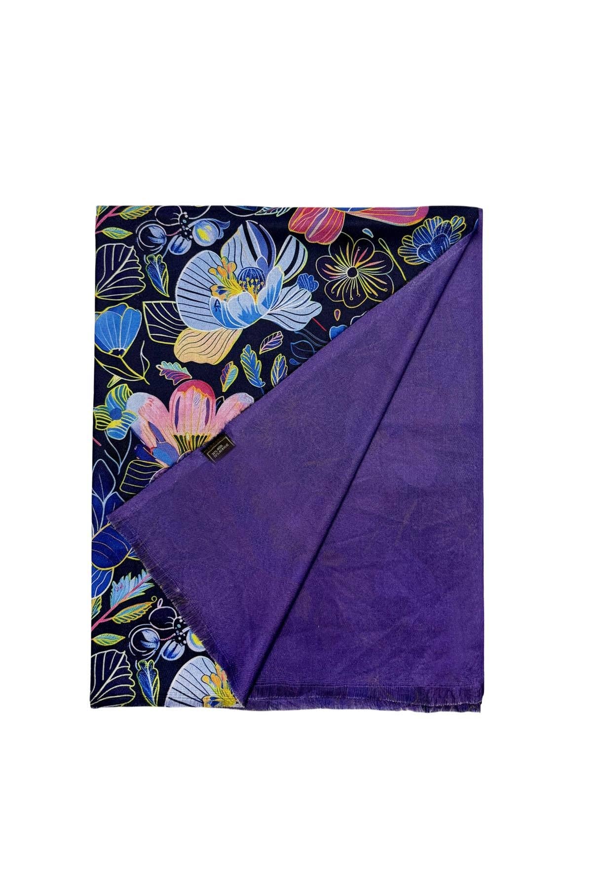 Colourful Orchid Print Wool Frayed Scarf: Purple