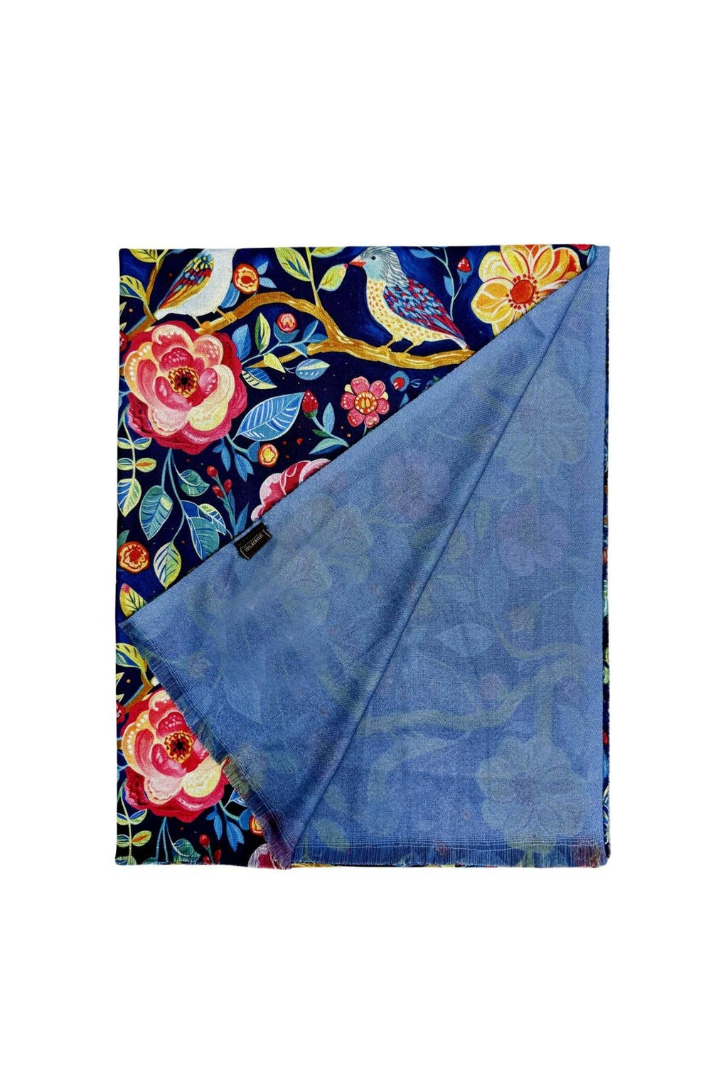 Enchanting Bird & Floral Print Wool Frayed Scarf: Blue