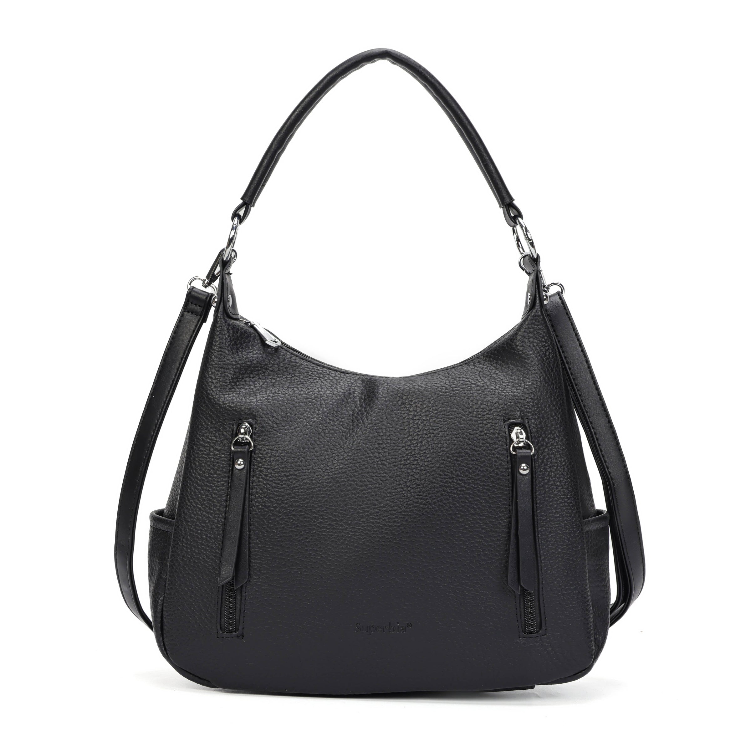 Textured Multi-Pocket Shoulder Bag - Black