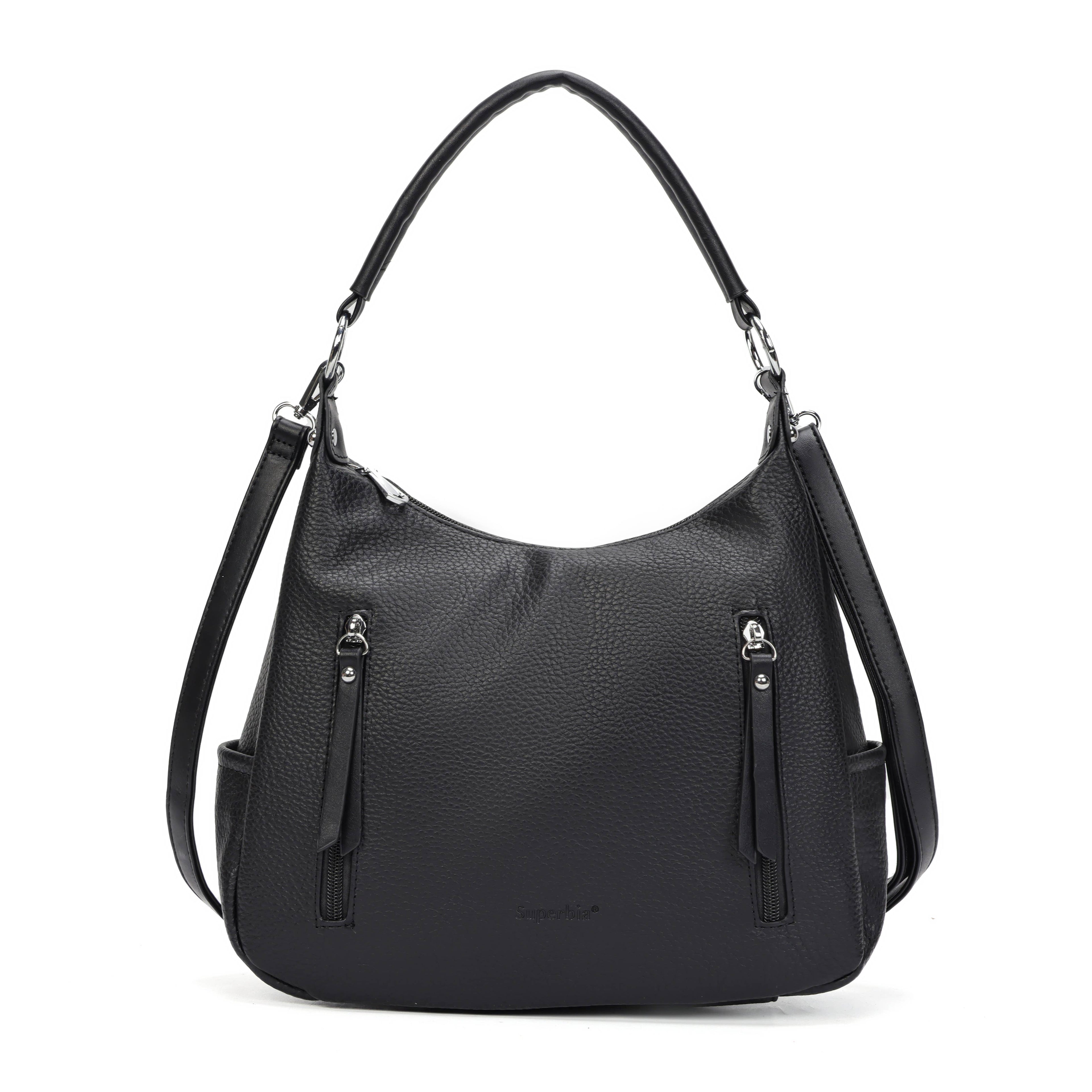 Textured Multi-Pocket Shoulder Bag - Black