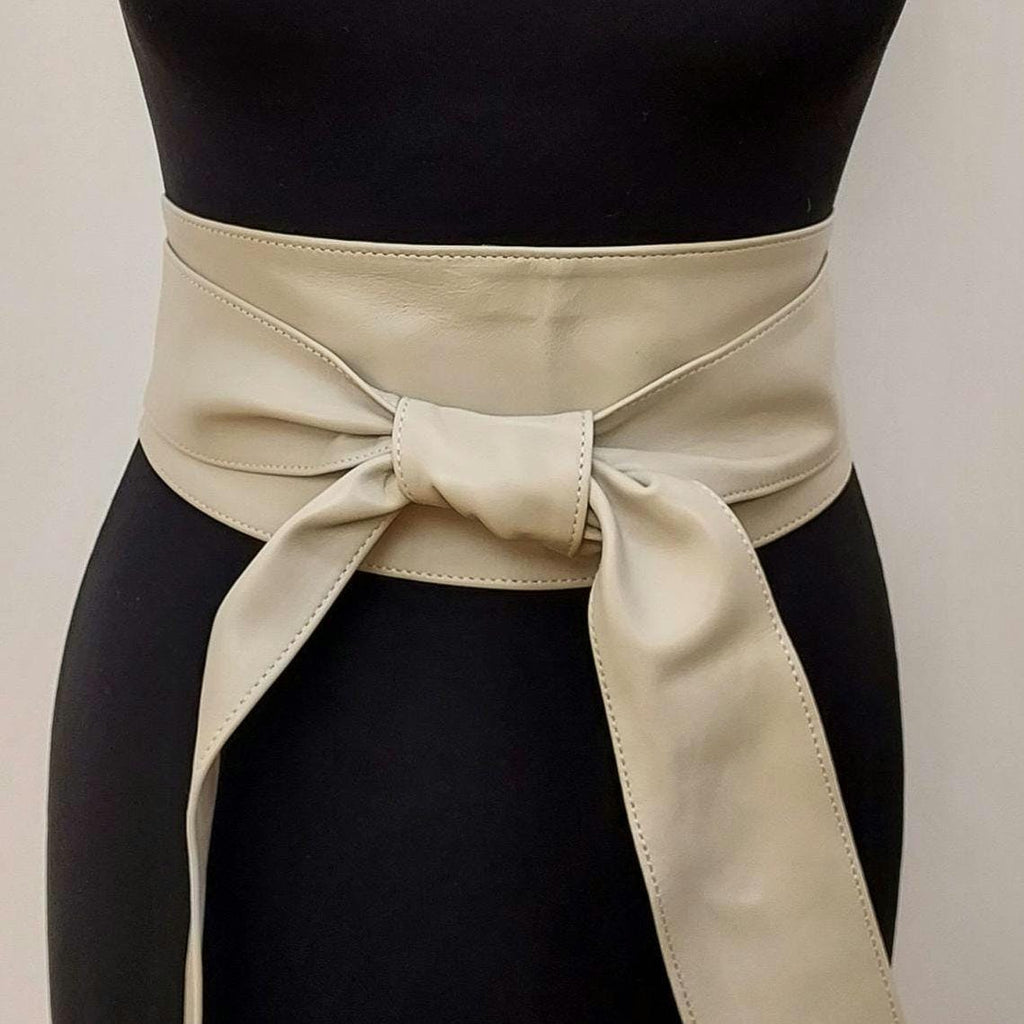 Beige-Grey Leather Obi Belt – Handmade Wrap Belt