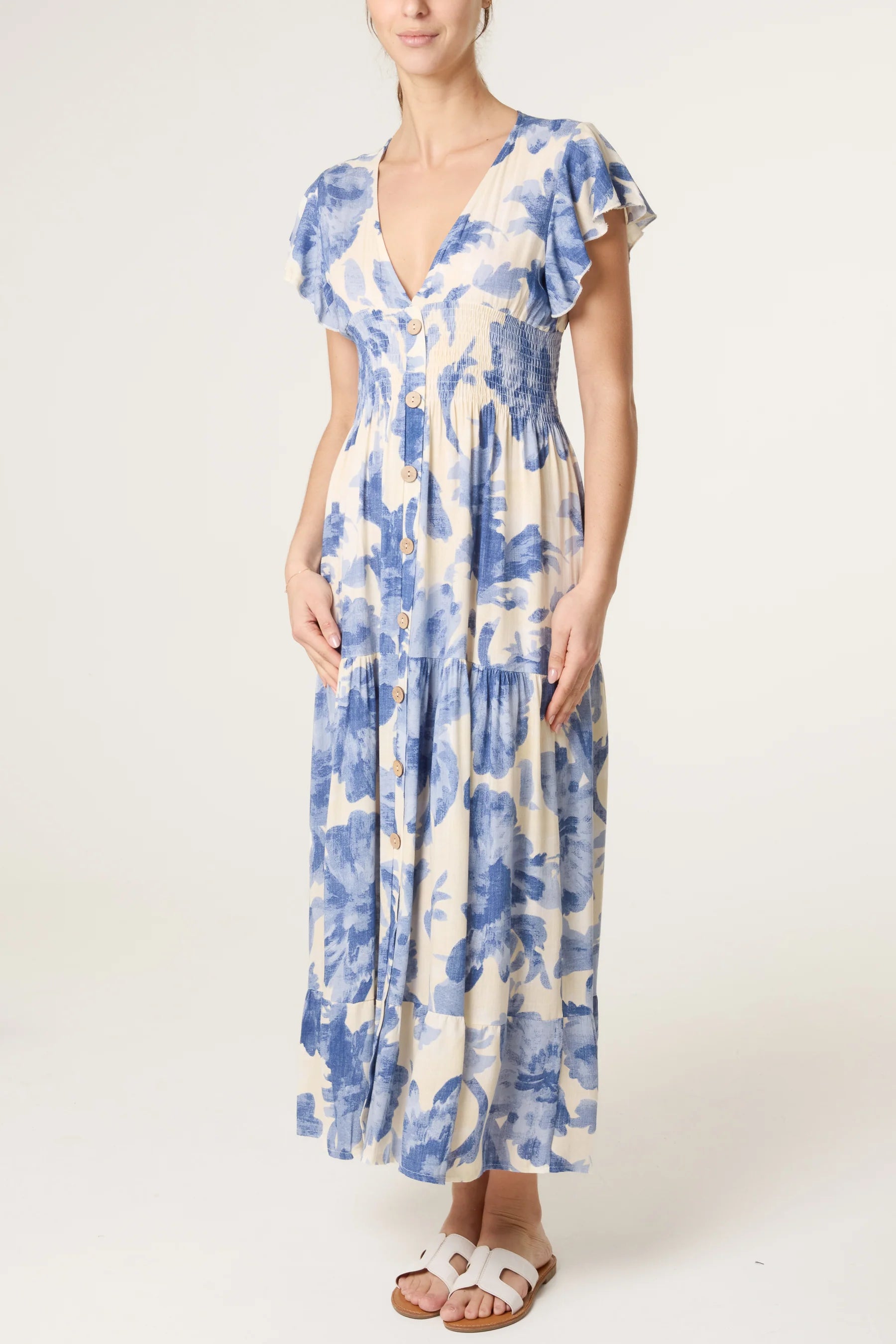 Blue Blossom Button Through Maxi Dress
