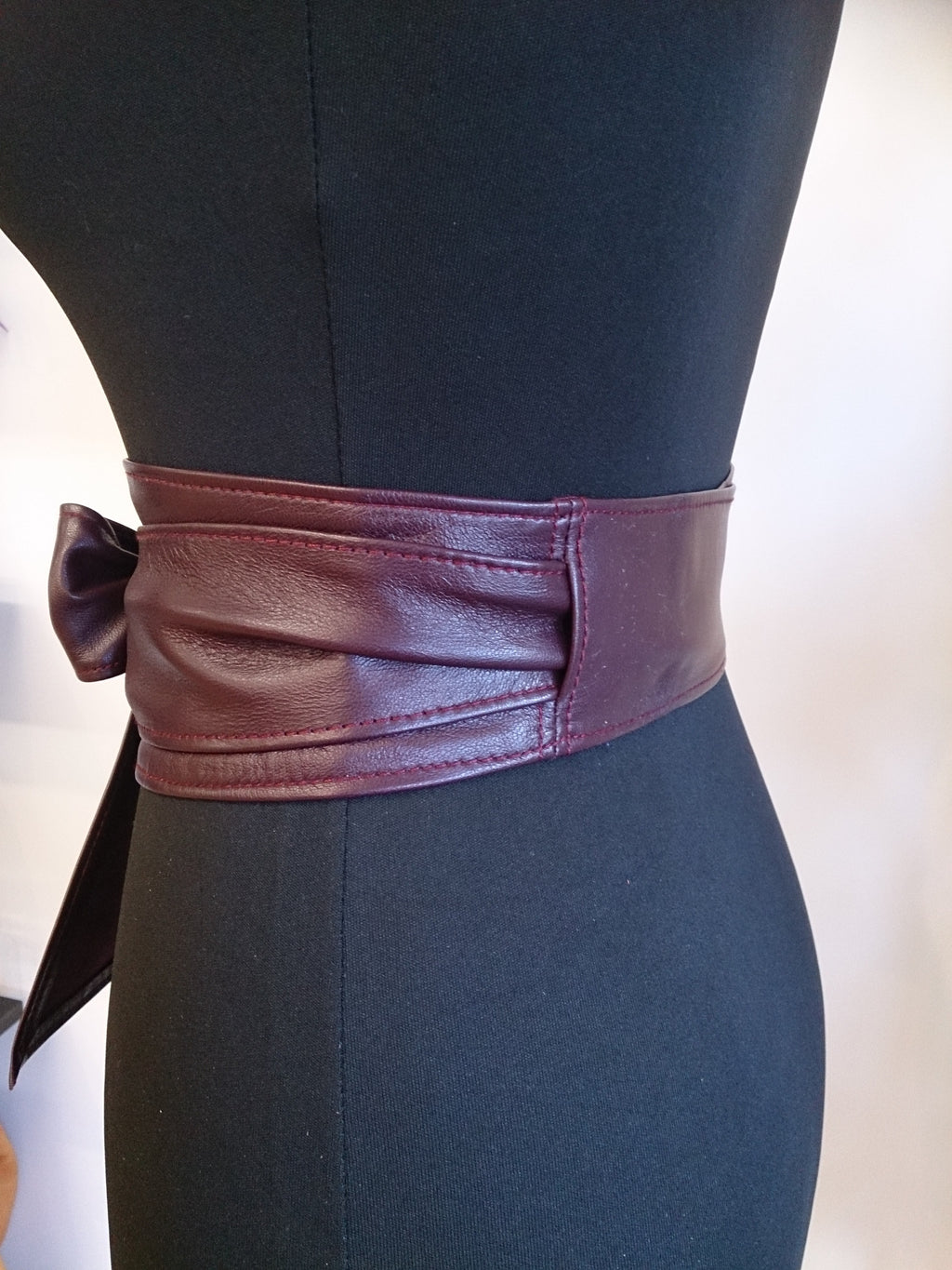 Dark Burgundy Leather Obi Belt – Handmade Wrap Belt