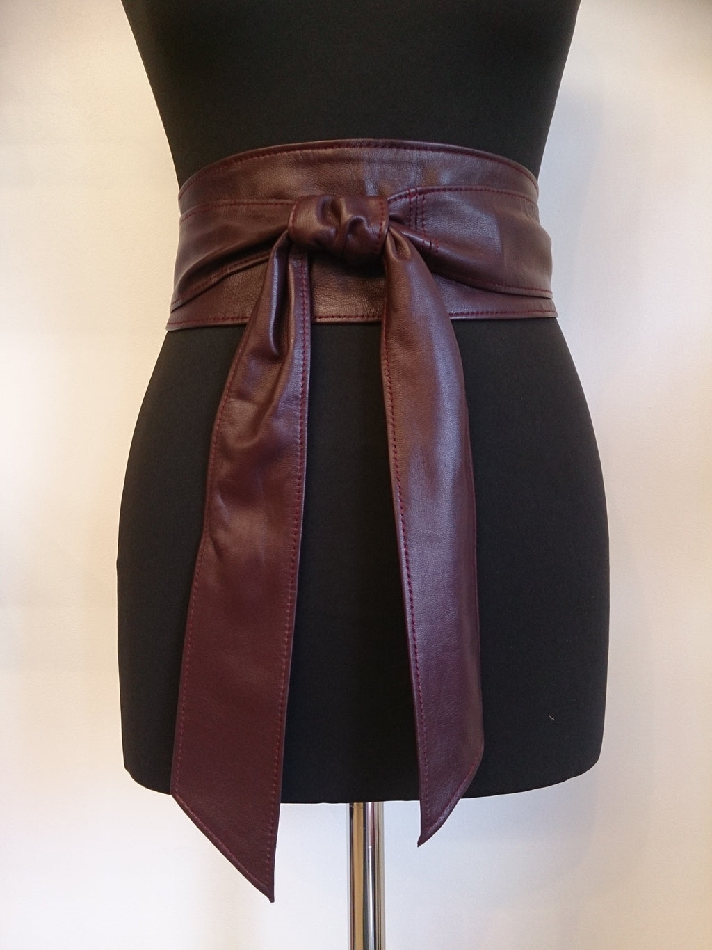 Dark Burgundy Leather Obi Belt – Handmade Wrap Belt