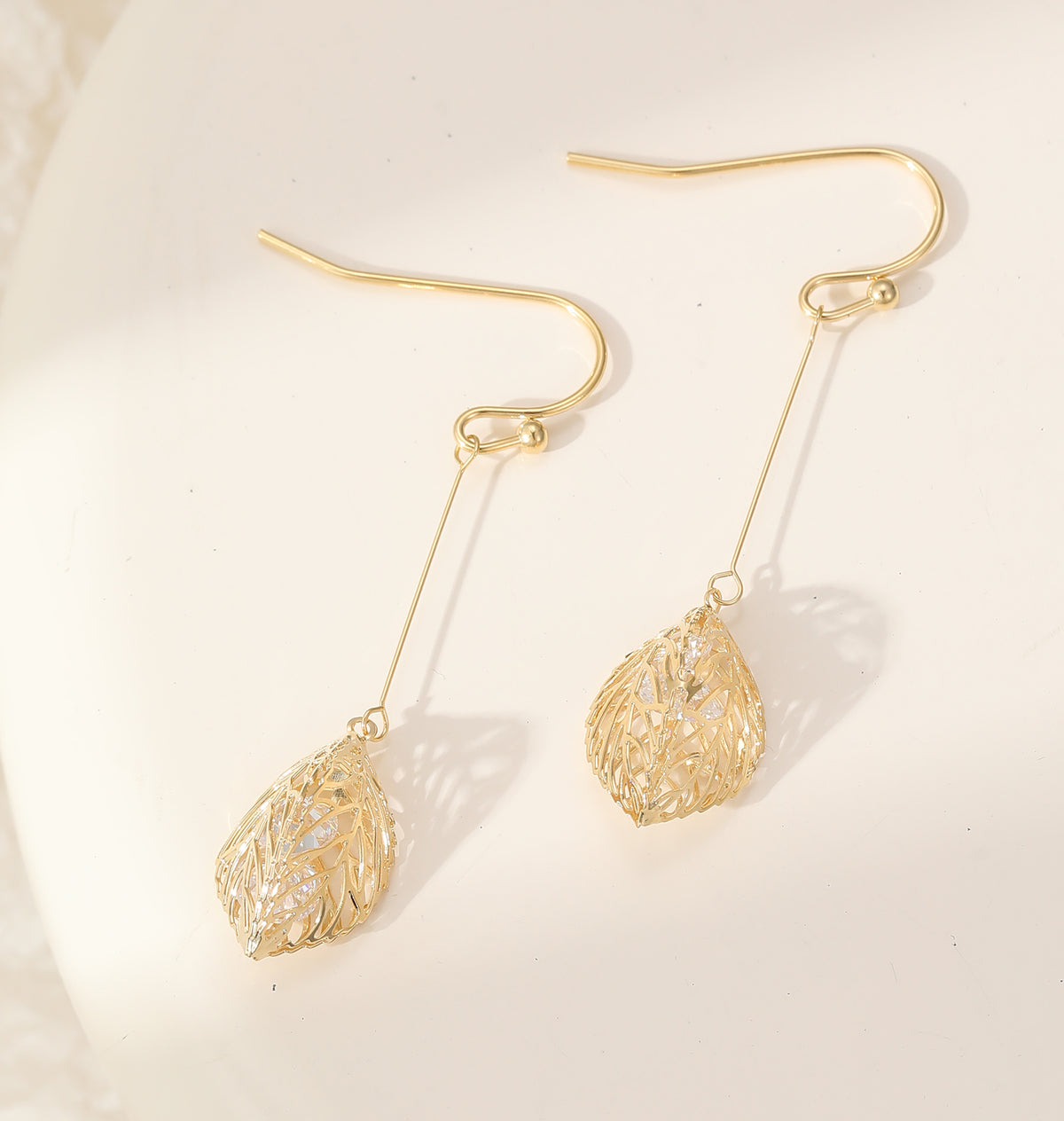 Gold Plated Filigree Leaf Drop Earrings