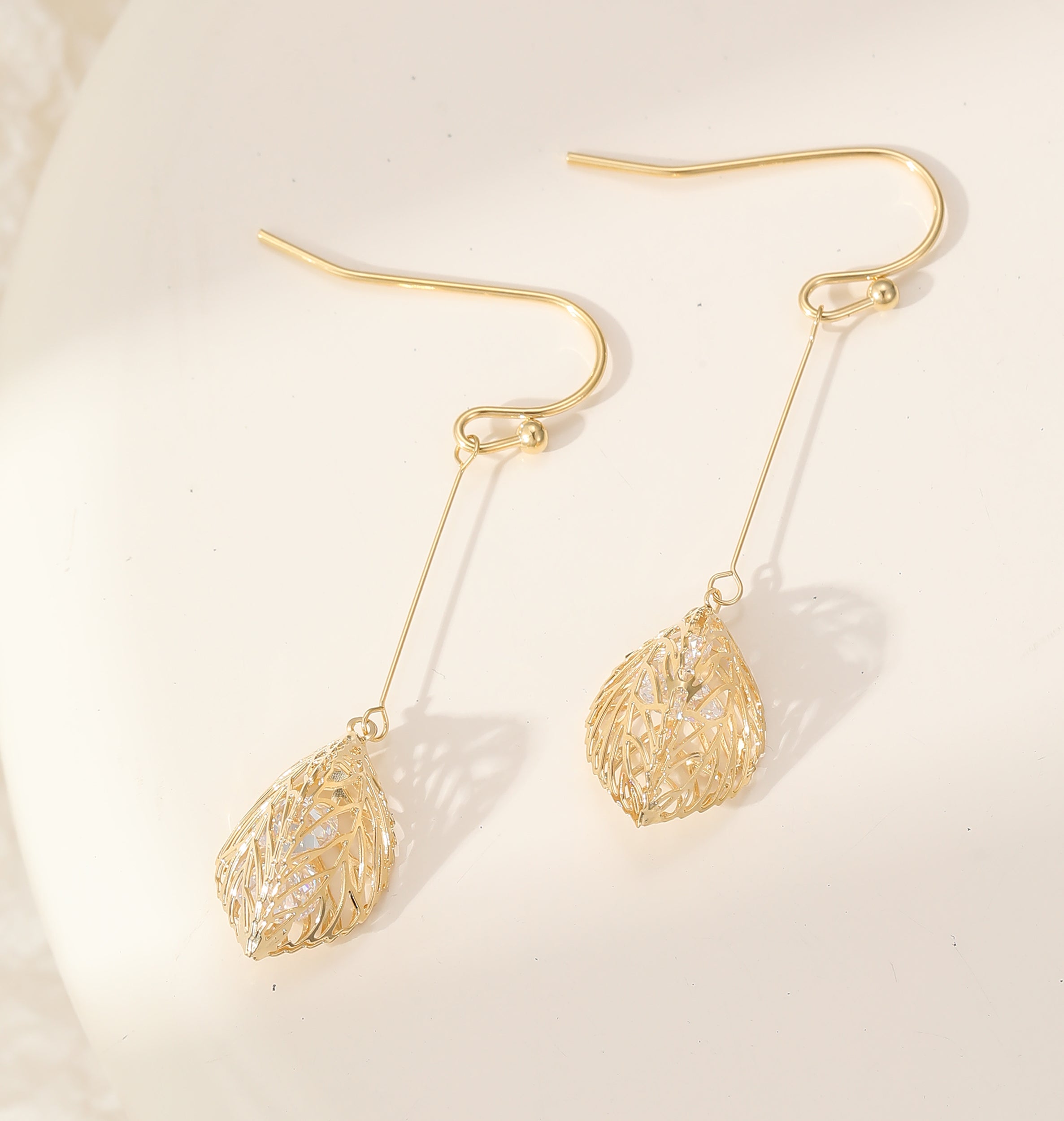Gold Plated Filigree Leaf Drop Earrings