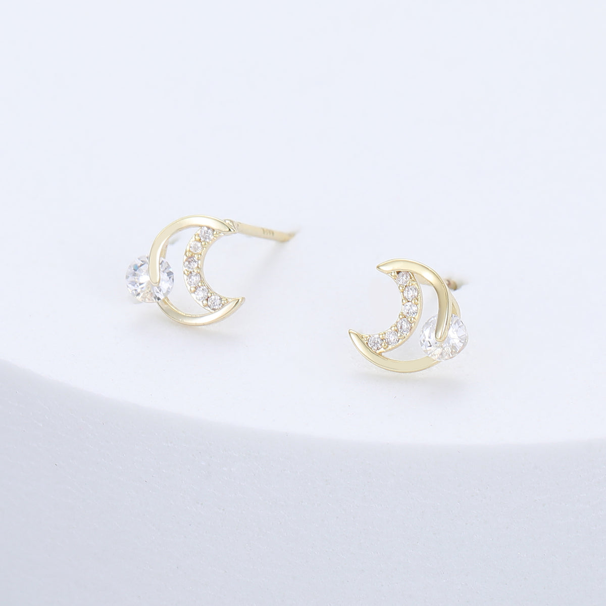 Gold Plated Crescent Moon Stud Earrings with Crystal Accents