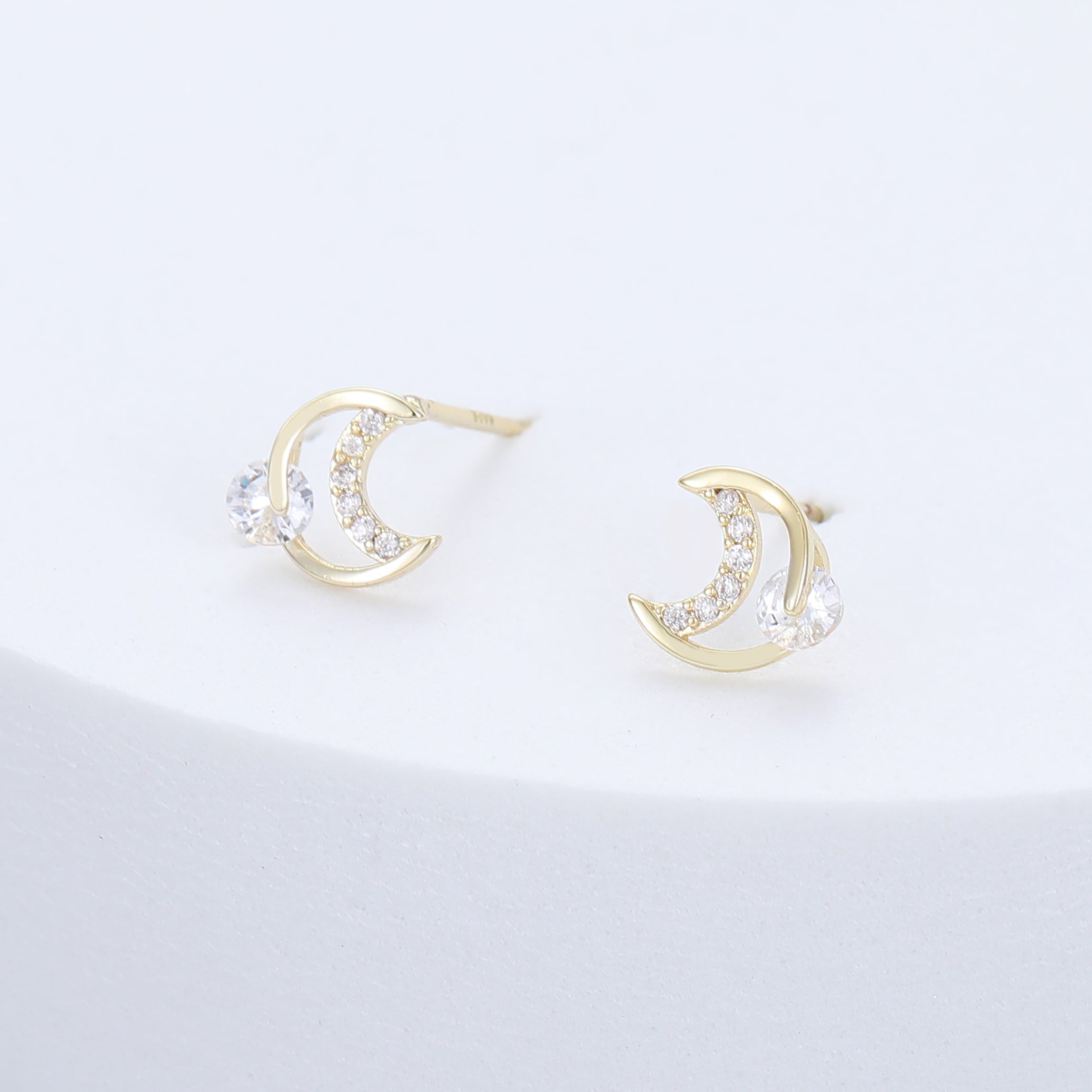 Gold Plated Crescent Moon Stud Earrings with Crystal Accents