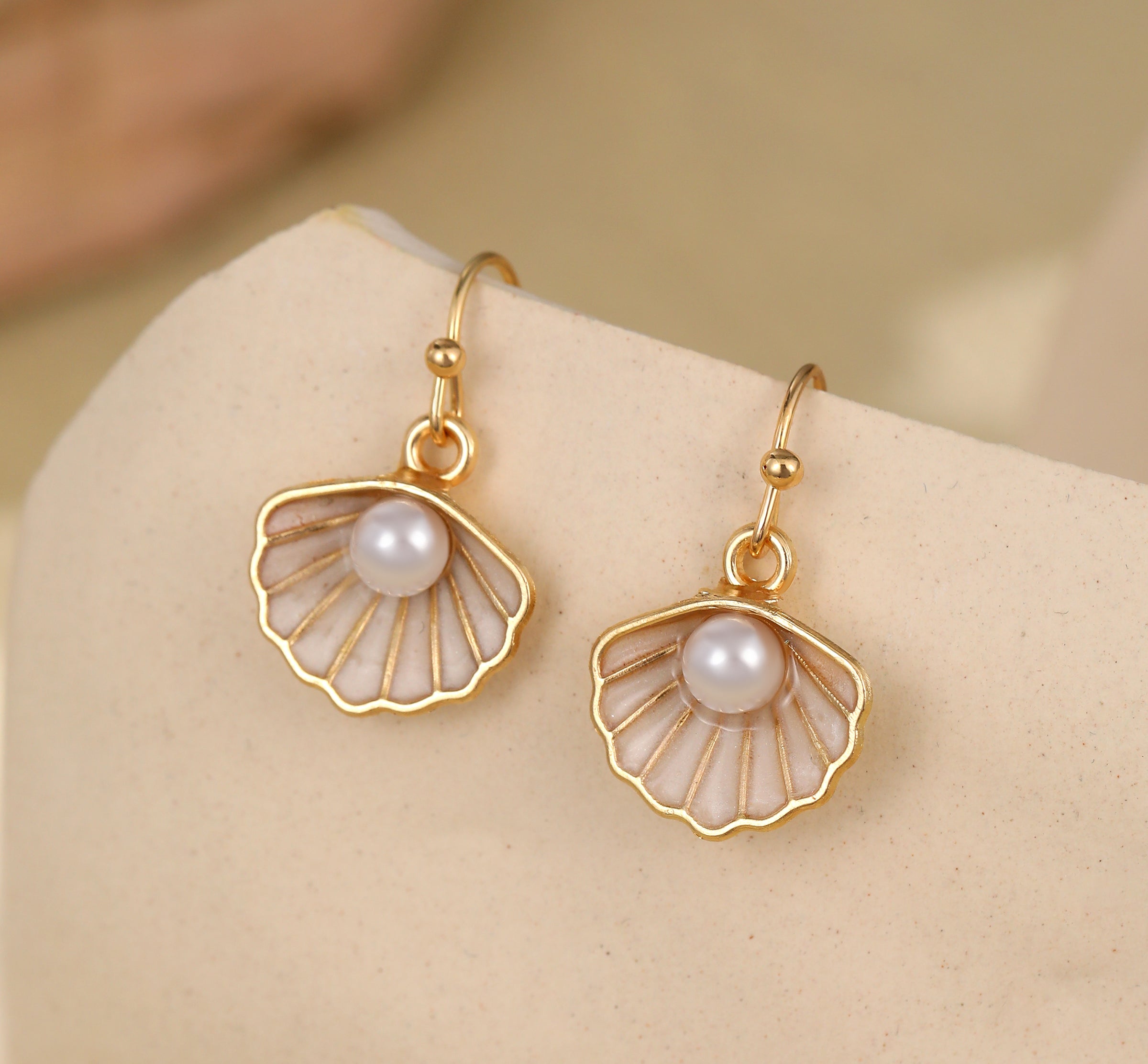 Gold Plated White Oyster and Pearl Hook Earrings