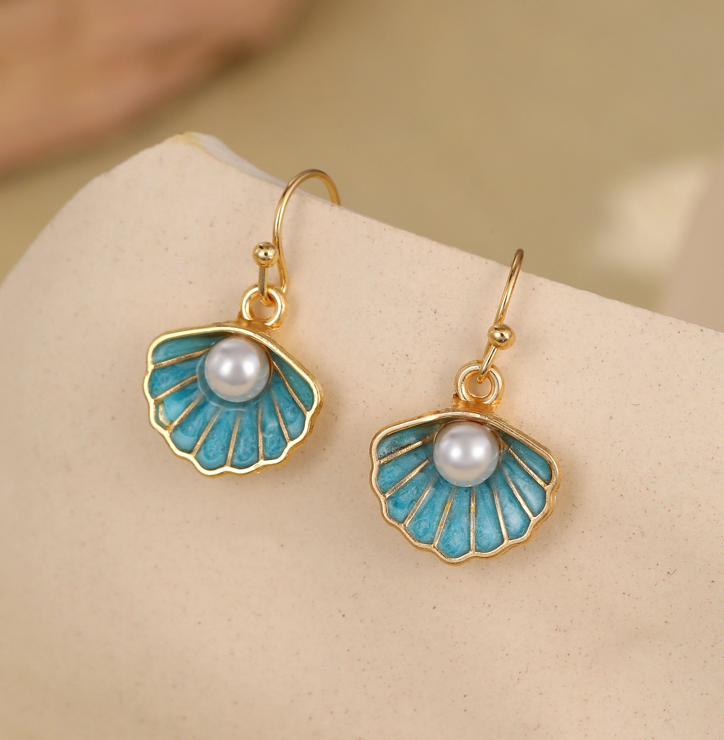 Gold Plated Turquoise Oyster and Pearl Hook Earrings
