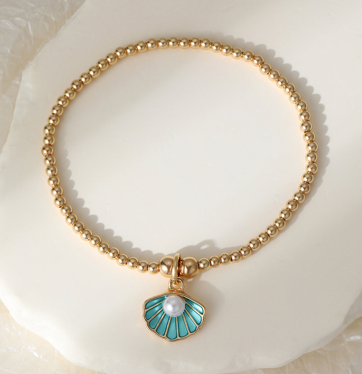 Gold Plated Turquoise Oyster and Pearl Stretch Bracelet