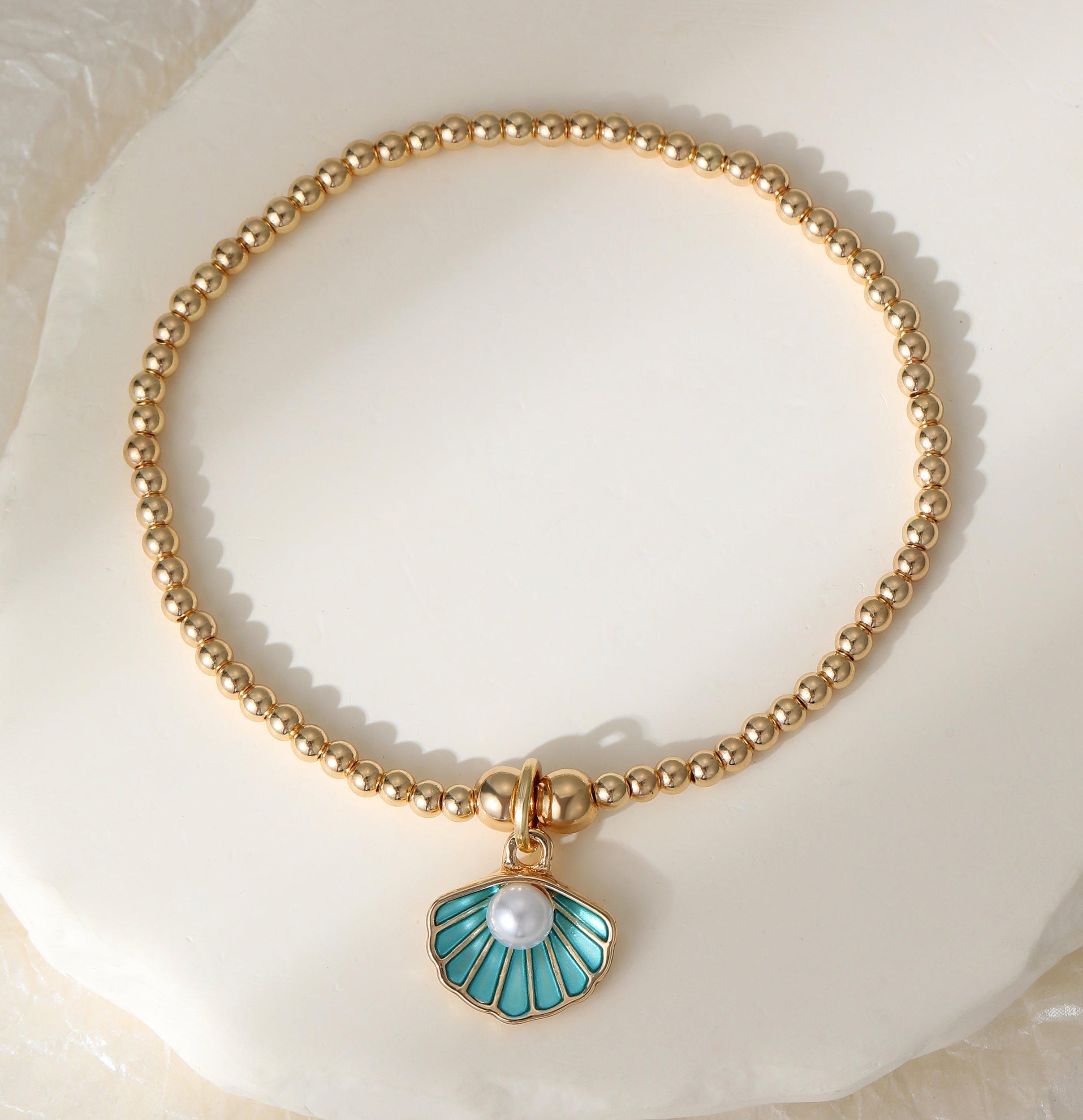 Gold Plated Turquoise Oyster and Pearl Stretch Bracelet