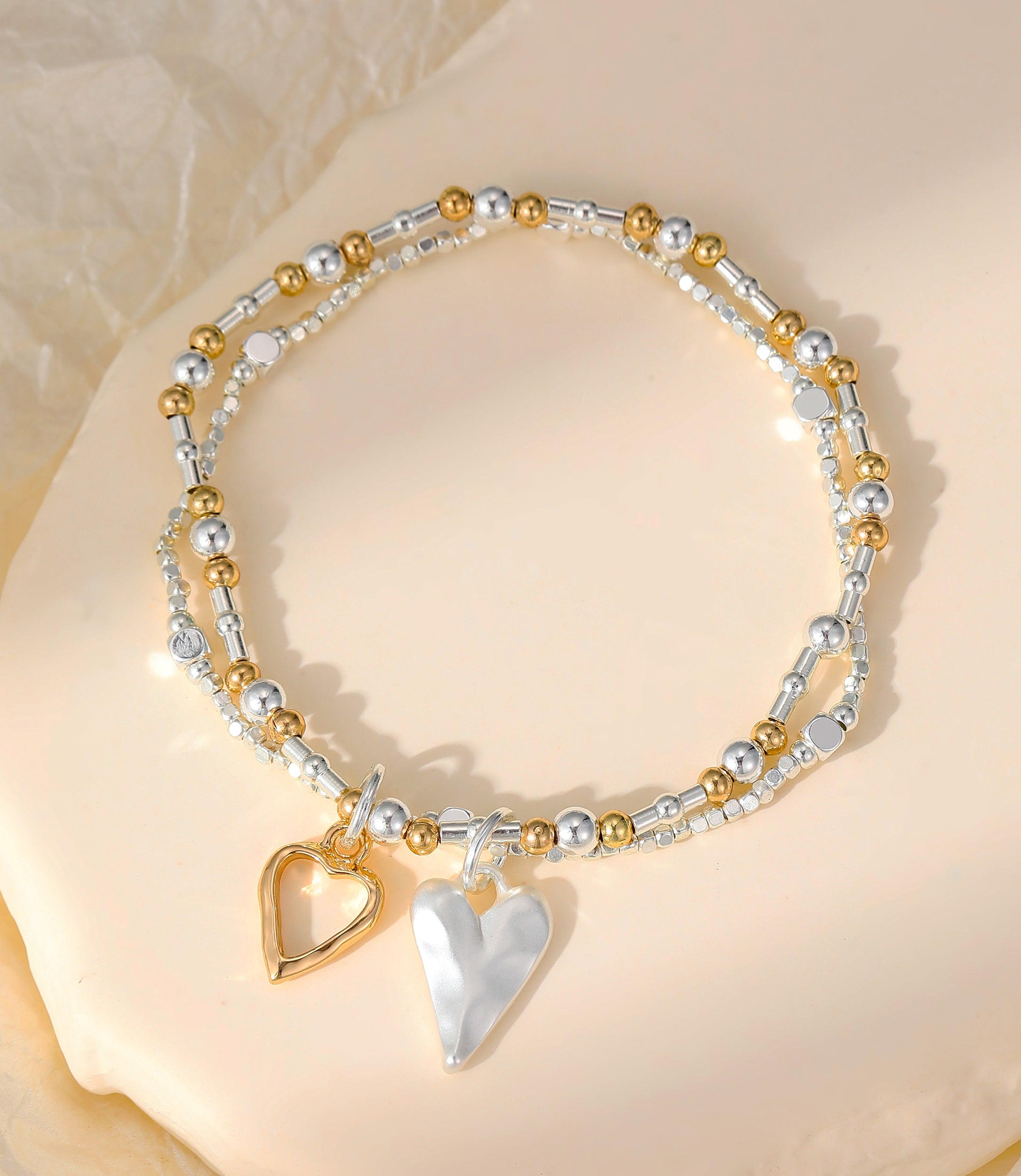 Gold & Silver Plated Beaded Bracelet with Dual Heart Charms